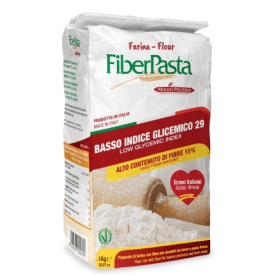 La Farine IG 29 Fiberpasta pour faire pizza, quiches, gâteaux tout en faisant plaisir à votre glycémie! Unique en France! Marque FIBERPASTA vendue sur Al'origin.fr